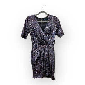 French Connection Purple Black Sequin Wrap Dress Cocktail Evening Party 6